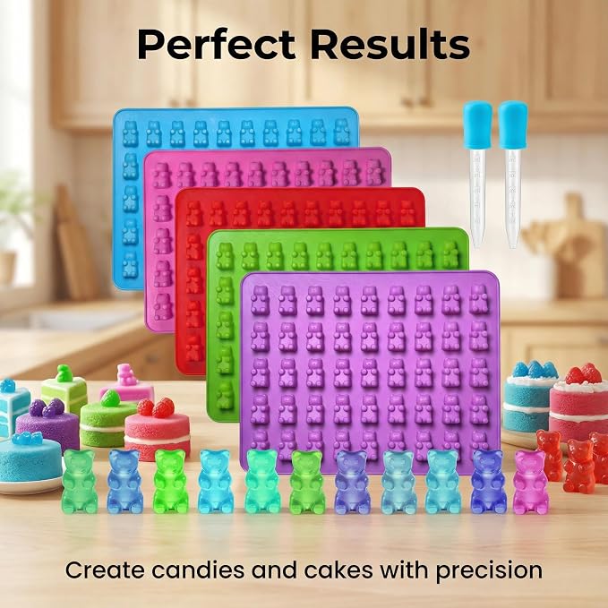 5Pcs Gummy Candy Molds - Silicone Gummy Mini Bear Molds with 2Pcs Dropper,Non-stick and Bpa Free for Candy Chocolate Gummies Baking
