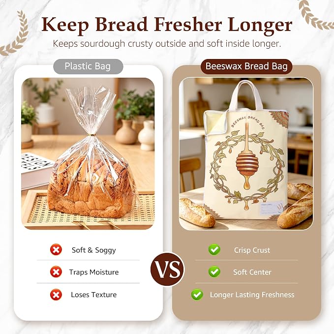 2 Pack Beeswax Bread Bags for Sourdough, 17x13 Inch Reusable Cotton Bread Storage Bags with Zipper and Handle Natural Beeswax Lining Freezer Friendly with 10 Food Labels Included (Honey Vine)