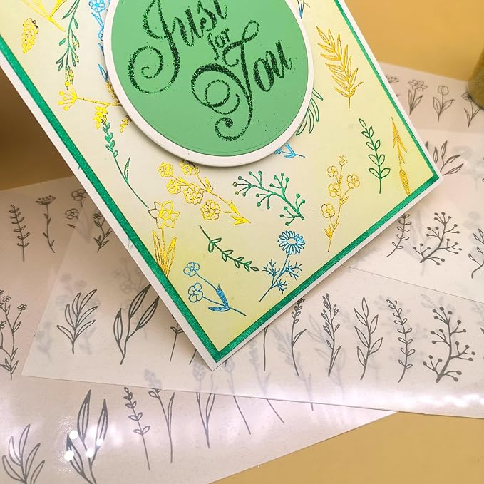 3pc Spring Florals Leaf Stick & Shine Foil Transfer Sticker Paper for Handmade Card Making Scrapbooking and Album Journal Invitation Letter Decoration Hot Foil Transfer Printing Adhesive Sheets