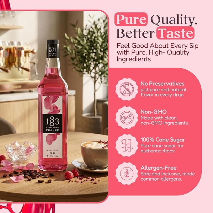 1883 Lavender, Rose, Hibiscus Syrups with Pumps (Floral Flavors) for Coffee & Drinks – 1 Liter Plastic Bottles (Pack of 3)