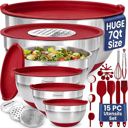 Priority Chef 6Pc Stainless Steel Mixing Bowls with Lids Set, Huge 7 Qrt Size Metal Bowl Set for Kitchen, 3 Graters, Non-Slip Bases & Silicone Utensils Set, Red