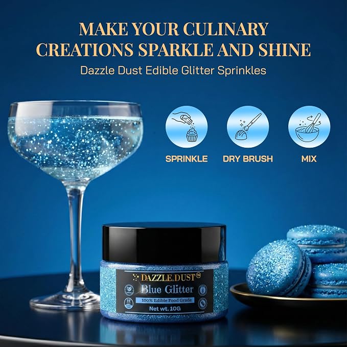 Dazzle Dust Edible Glitter Sprinkles for Cake Decorating, Drinks, Cookie, Icing, Dessert Decorations, Sparkly Luster, Food-Grade, Vegan, Gluten Free, Kosher, Bulk 10g, Blue