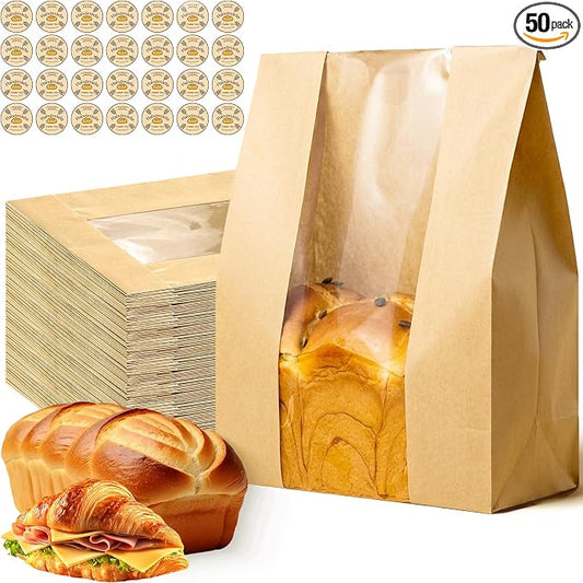 Tripho 50 Pcs Bread Bags for Homemade Bread with Clear Window & 60 Stickers, Sourdough Bread Bags for Storage of Bread,Cookies & Snacks, Large Bakery Paper Bags