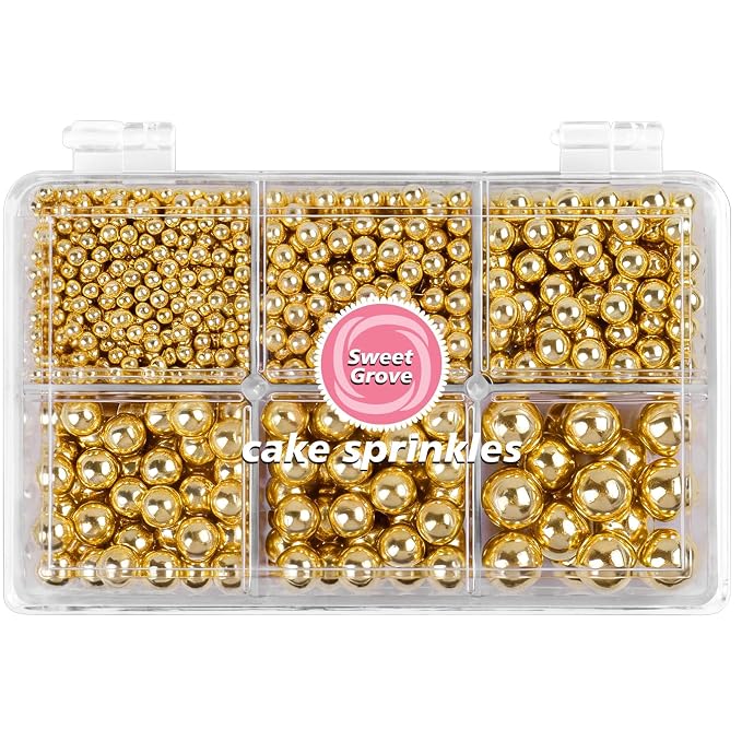 Gold Pearl Sprinkles - 6.53oz Edible Pearls for Cake Decorating, 6 Sizes Sugar Candy Pearl for Baking, Cupcake, Cookie, Ice Cream Toppings, Wedding Party Christmas Holiday Supplies