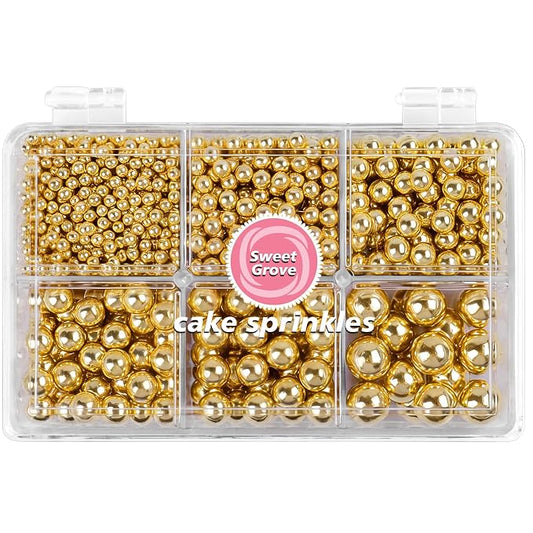 Gold Pearl Sprinkles - 6.53oz Edible Pearls for Cake Decorating, 6 Sizes Sugar Candy Pearl for Baking, Cupcake, Cookie, Ice Cream Toppings, Wedding Party Christmas Holiday Supplies