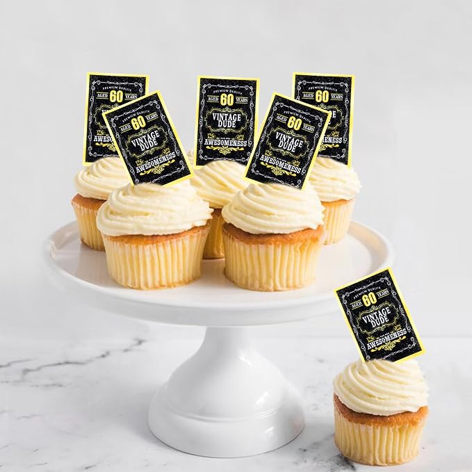 40Pcs Edible Rectangle 60th Birthday Card Cupcake Toppers Edible Golden Black 60 Vintage Dude Awesomeness Cupcake Picks Drink Toppers for 60th Vintage Birthday Anniversary Party Decorations
