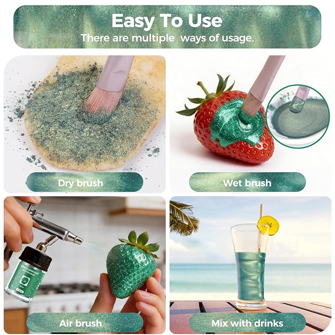 CRPTHE Green Luster Dust Edible 5g, Edible Glitter for Drinks, Food Grade Glitter Shimmer Sprinkle Powder for Cocktails, Baking, Beverages, Cakes, Strawberries, Cookies, Fondant, Vegan