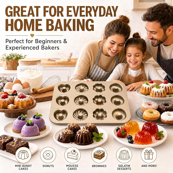 2 Pack Mini Bundt Cake Pans for Baking, 12 Cavity Nonstick Mini Cake Pan with Flower & Heart Shapes, Carbon Steel Donut Mold for Brownies, Desserts & Homemade Treats, Gold