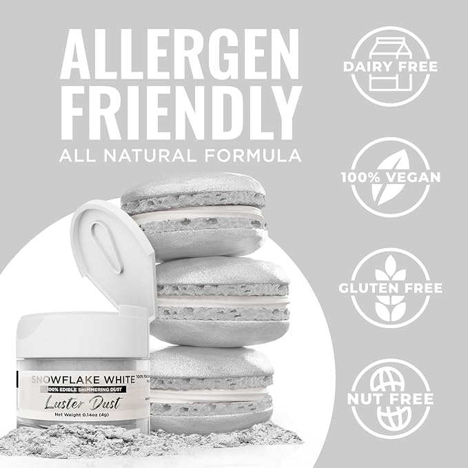 Luster Dust - Snowflake White (4g 1x Jar) | Edible Vegan Dust & Paint for Cake Decorating, Ice Cream, Desserts, Cocktails and Beverages by Bakell