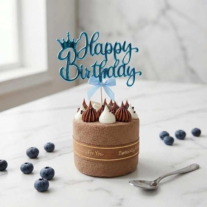 Elegant Acrylic Birthday Cake Topper with Crown & Bow Design - Reusable Decoration for Party, Wedding, Baby Shower (Blue)