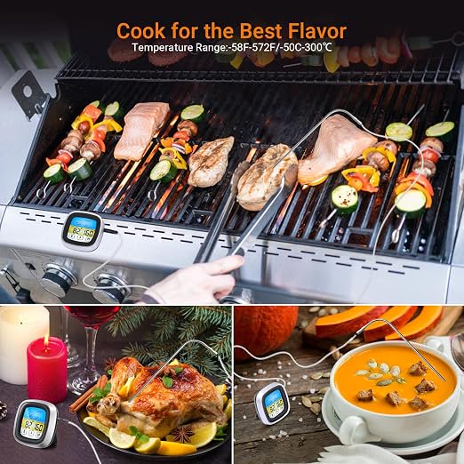 Meat Thermometer, Digital Oven Thermometer with Long Probe, Large LCD Touchscreen, Kitchen Timer, Instant Read Grill Thermometer for Oven BBQ Candy Steak Cooking Baking Grilling