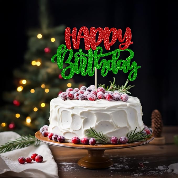 Gyufise 1Pcs Happy Birthday Cake Topper Glitter Happy Birthday Cake Pick for Christmas Theme Wedding Anniversary Theme Party Cake Decorations Supplies Green Red