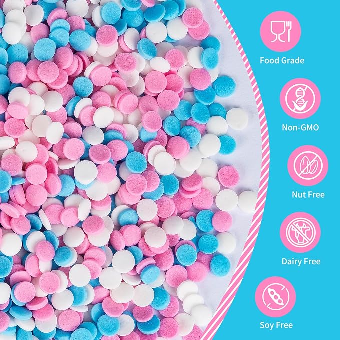 Edible Pastel Sprinkles for Cake Decorating,Pink Blue White Round Confetti,Gender Reveal Sprinkle,Princess Sugar Sprinkle Circular Candy for Cake Baking,Cupcake Cookie Donut Desserts Decorations, Baby Shower Birthday Party Supplies