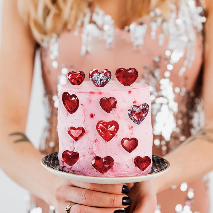 56PCS Edible Crystal Heart Cupcake Toppers Wafer Paper Red Diamond Heart Cupcake Picks Be Mine Cake Decor for Valentine's Day Theme Engagement Party Decoration Supplies