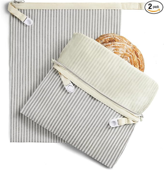 BRONYPRO Reusable Beeswax and Linen Bread Bags with Zipper, 2-Pack Waxed Bread Bags for Homemade Bread & Sourdough, Sustainable Sourdough Loaf Storage to Lock in Freshness, Large 17x12.6in, Grey