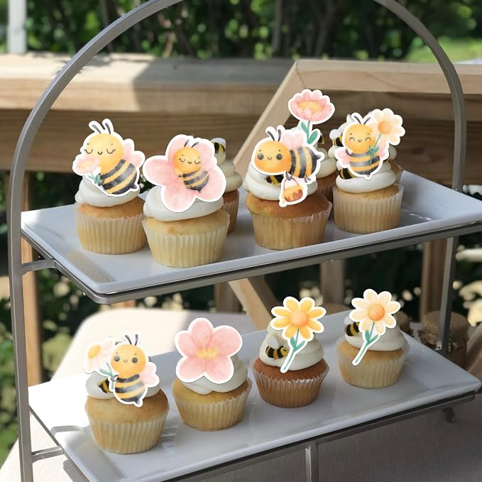 63 PCS Edible Bumble Bee Cupcake Toppers Wafer Paper Oh Babee Honey Bee Cupcake Picks Edible Sunflower Cupcake Decorations for Gender Reveal Baby Shower Kids Birthday Party Cake Decorations Supplies