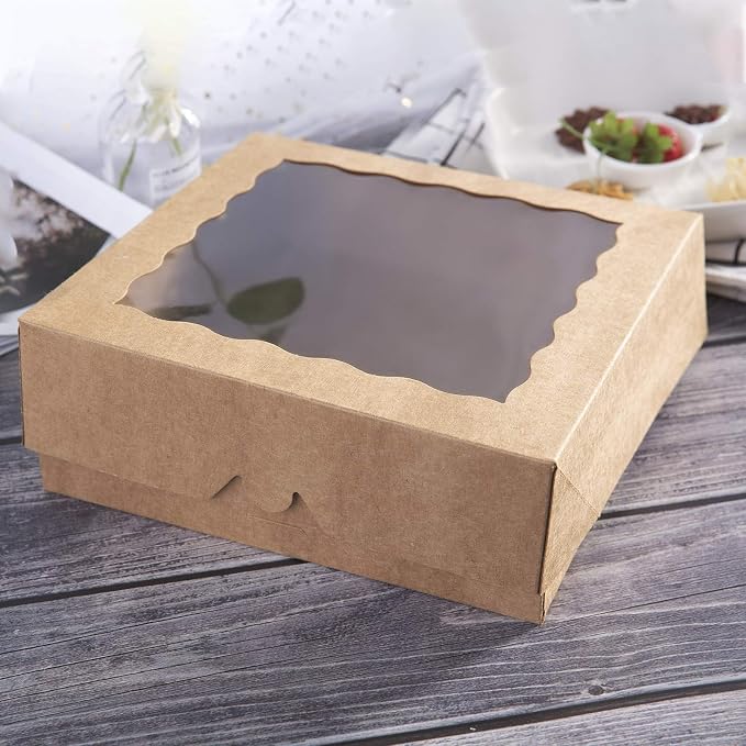 ONE MORE [15pcs] 9inch Kraft Bakery Boxes, Large Pie Boxes with PVC Window Natural Disposable box for Cookie 9x9x2.5inch,15 of Pack