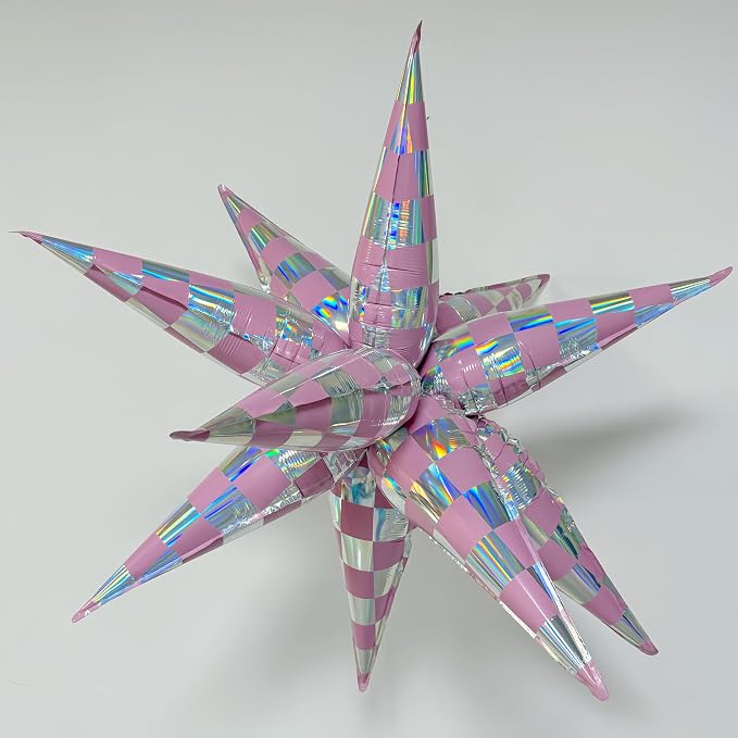 2 * 12Pcs Pink Silver Holographic Explosion Star Foil Balloons/Iridescent Balloons for Y3K kat*sye Girl, KPOP Idol Demon Hunters Singer Party/Tayl Popular Singer Concert Birthday(2Pcs Pink Laser)