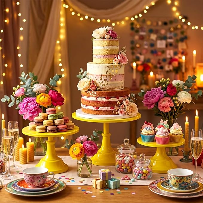 3 Pcs Cake Stand Set Metal Round Cake Holder Cupcake Stands 8/10/12 inch Yellow Dessert Display Stands Dessert Table Decorations for Birthday Parties, Baby Shower,Wedding Banquets and Anniversary