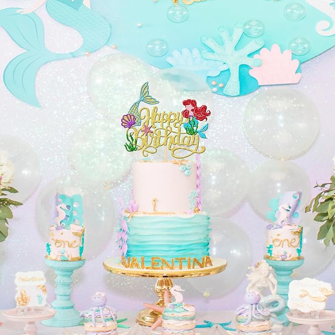 1 PCS Mermaid Happy Birthday Cake Topper - Glitter Mermaid Tail Cake Decoration with Ocean Starfish, Seawood, Seashells for Under the Sea Theme Baby Shower Birthday Party Supplies - Gold