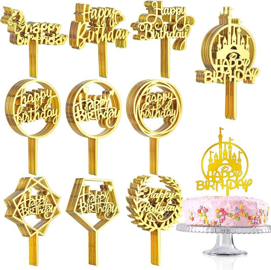 150 Pcs Happy Birthday Cake Toppers Acrylic Cake Topper Glitter Birthday Cake Decorations Double Sided for Adults Various Cake Decoration Party Supplies(Gold,Cute)