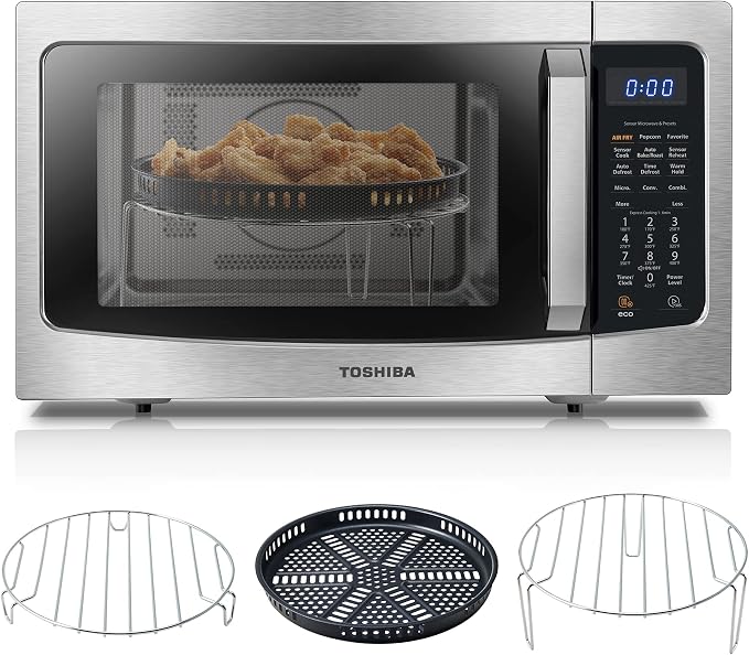 Toshiba Air Fryer Combo 4-in-1 Countertop Microwave Oven, Smart Sensor, Convection, Mute Function, Position Memory 13.6" Turntable, 1.5 Cu Ft, 1000W, Silver, ML-EC42P(SS)