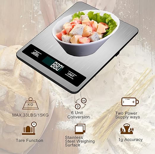 Digital Kitchen Scale, 33lb/15kg High Capacity Weight Grams and Ounces for Baking Cooking and Meal Prep, 1g/0.05oz Precise, 6 Units with Tare Function, USB Rechargeable (B Style)