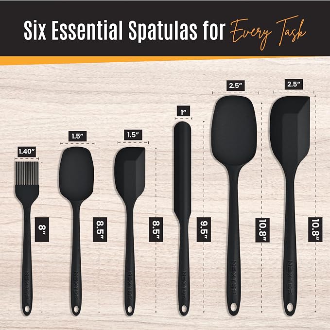 NEXTOP Silicone Spatula Set, 6-Piece Kitchen Utensil Set with Silicone Spatulas and Basting Brush, One-Piece Design for Mixing, Baking, Scraping, Stirring and Cooking, Nonstick Friendly (Black Set)