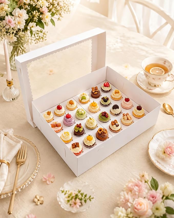 8 Pack Cupcake Boxes with Window for 24 Standard or Mini Cupcakes Corrugated Adjustable Height Bakery Box for Cake,Cookies,Donuts,Muffins&Other Pastries（15x11x4 Inch）