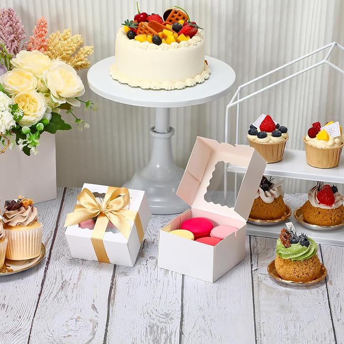 COTOPHER Auto Pop Up Cookie Box with Window 4x4x2.5 Inches – 50 Pack White Bakery Boxes with Gold Ribbon for Birthday Party Favors, Wedding, Christmas Gift Packaging for Cookies, Candy, Macarons