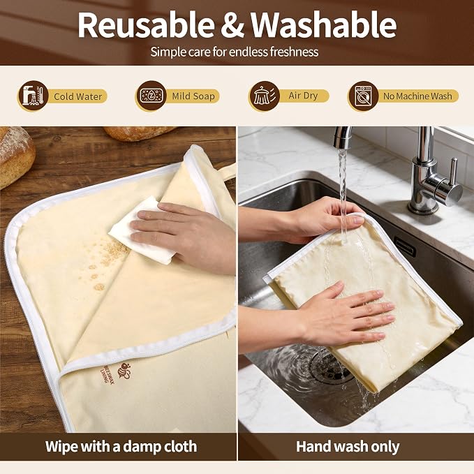 2 Pack Reusable Beeswax Bread Bag with L-Shaped Zipper, X-Large | Easy-Access Wrap for Sourdough & Baguettes, Sustainable Organic Cotton Food Storage, Zero Waste Artisan Bread Protector