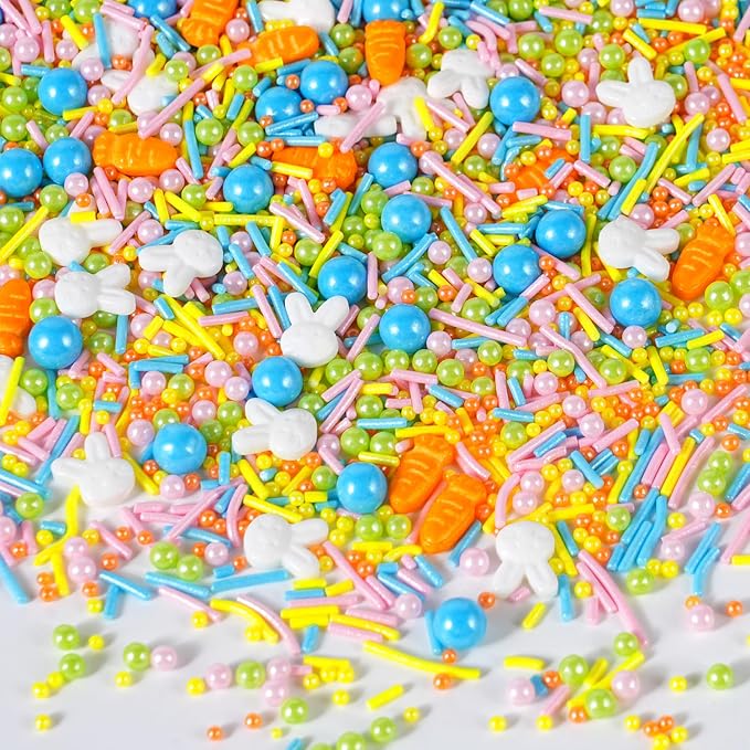 Easter Sprinkles Mix, 120g Bunny Rabbit and Carrot Shaped Sprinkles with Pearls Nonpareils and Jimmies, Pastel Edible Cake Decorating Sprinkles for Easter Baking, Ice Cream, Cupcakes & Spring Cookies, 4.2oz