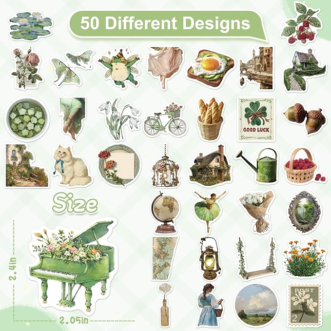 50 Pcs Cottagecore Stickers for Scrapbooking, Waterproof Vinyl Green Vintage Botanical Stickers for Laptops Water Bottles Journals, Aesthetic Decorative Decals for Teens Students Adults