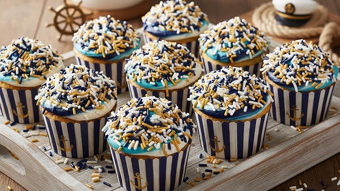 NCS Navy Blue, Gold & White Jimmies Edible Sprinkles – Cupcake, Cake & Cookie Decorations, 7 oz