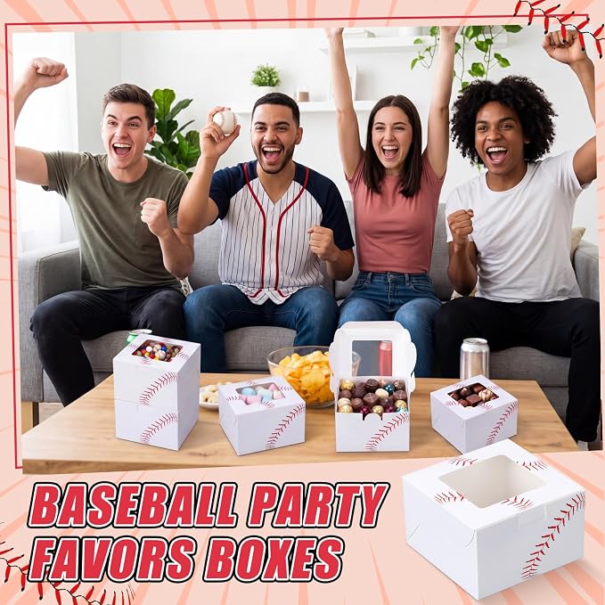 50 Pack Baseball Print Cookie Boxes with Window, Small Bakery Treat Boxes for Pastry Donuts Macaroon Cupcakes, Birthday Baseball Party Baby Shower Favors