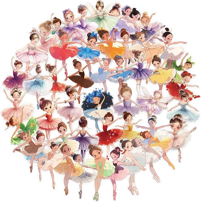 Transparent Ballet Girl Sticker, 50pcs Cute Multi-Color Ballerina Dancing Girl Stickers for Water Bottle Scrapbook Laptop Luggage,Waterproof Funny Trendy Decals for Teens Girls Women(Colourful-B3)
