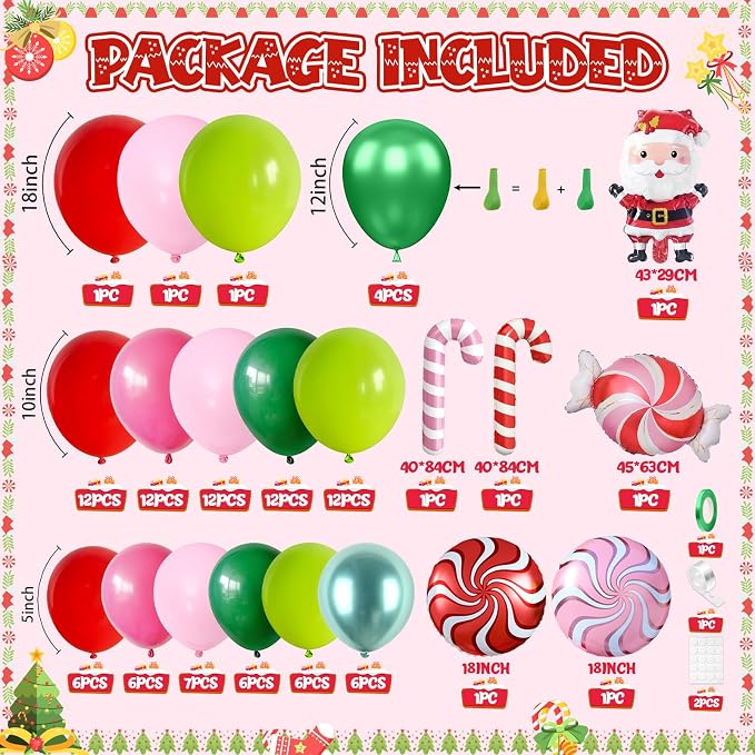 FunHot Christmas Balloon Arch Kit, Xmas Fruit Green Pink Balloon Garland, Hot Pink Red Metallic Green Latex Balloons with Candy Cane Santa Claus Windmill Foil Balloons for Christmas Party Decorations