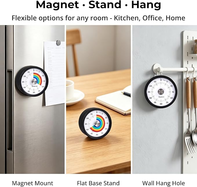 Searon Magnetic Visual Timer for Kids & Kitchen – 3.15" Rainbow Countdown Clock, 60-Minute Dial Timer, Sound or Silent LED Alert, Pause Function for Cooking, Baking, ADHD & Daily Routines (Black)