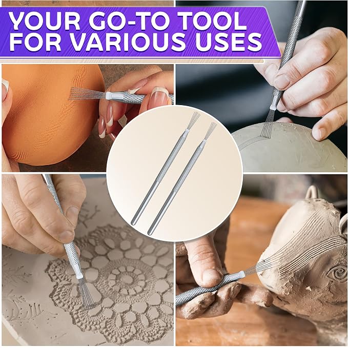 2 Pcs Pottery Scoring Tool – 5.33 Inch Clay Scoring Tool with Feather Wire Texture Stainless Steel Tip & Aluminum Alloy Handle – Ideal for Pottery, Ceramic, Polymer, Air Dry Clay Sculpting & Texturing