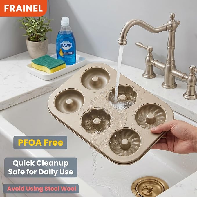 6-Cavity Donut Pan for Baking, Non-Stick Carbon Steel Doughnut Molds with 3 Unique Shapes (Petal, Swirl & Classic), Heavy-Duty Bagel & Mini Bundt Tray, Champagne Gold