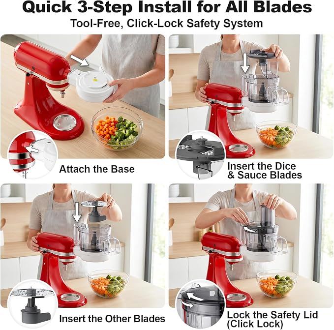Food Processor Attachment for KitchenAid, 5-in-1 Vegetable Chopper & Dicer with Stainless Steel Blades, Includes Dicing, Slicing, Shredding, Strip Cutting, Sauce Discs and Storage Case by Focollk
