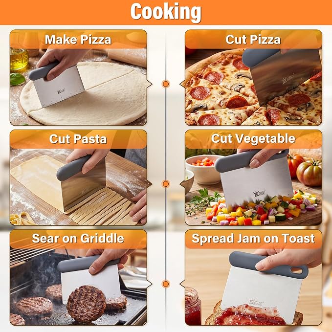 Bench Scraper for Kitchen Set of 2, Springy Stainless Steel Dough Scraper, Multipurpose Pastry Scraper Tools for Pizza Bread Frosting Cakes, Platinum Silicone Handle Measuring Scale & Conversion Chart