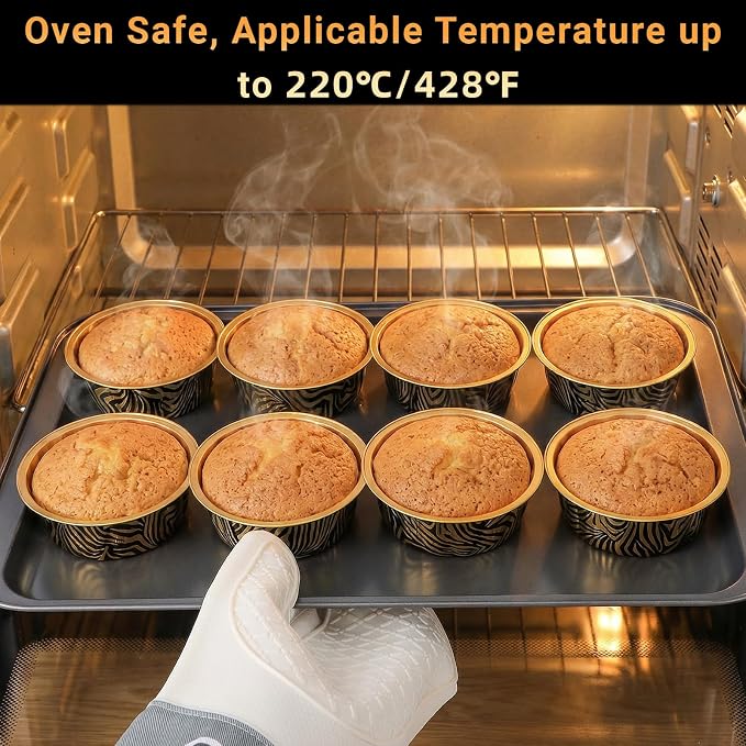 Beasea Aluminum Cups for Baking, 8oz 100 Pack Disposable Ramekins with Lids, Aluminum Foil Baking Cups Creme Brulee Muffin Cupcake Mini Pudding Ramekin Tin for Party Birthday - Tiger Stripes