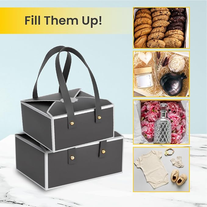Hammont Gift Boxes - 4 Pack of Gift Boxes with Faux Leather Handles - Cookie Boxes - Versatile Gift Boxes for Presents - Elegant Box for Cakes Candy | Jewelry | Chocolates (5"x7"x3" (Grey))