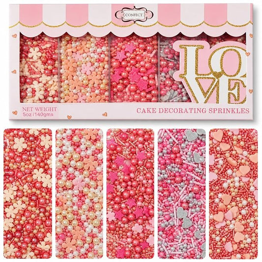 Confect Pretty in Pink, Gold & White Flower & Pearl Sprinkles Mix – Heart & Star Edible Sprinkles for Cakes, Cupcakes, Cookies – Valentine’s Day Baking Decorations – Pack of 5 - Vegan, Gluten-Free, Nut-Free, Soy-Free, Dairy-Free, Palm Oil-Free- 5 Oz
