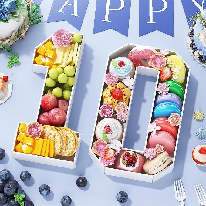 HILAVO Cardboard Number for Charcuterie, 13.7" Cardboard Number 10 Fillable Number for Food Paper Mache Number Boxes for Cupcake Sweet Candy 10th Birthday Anniversary Party Decorations