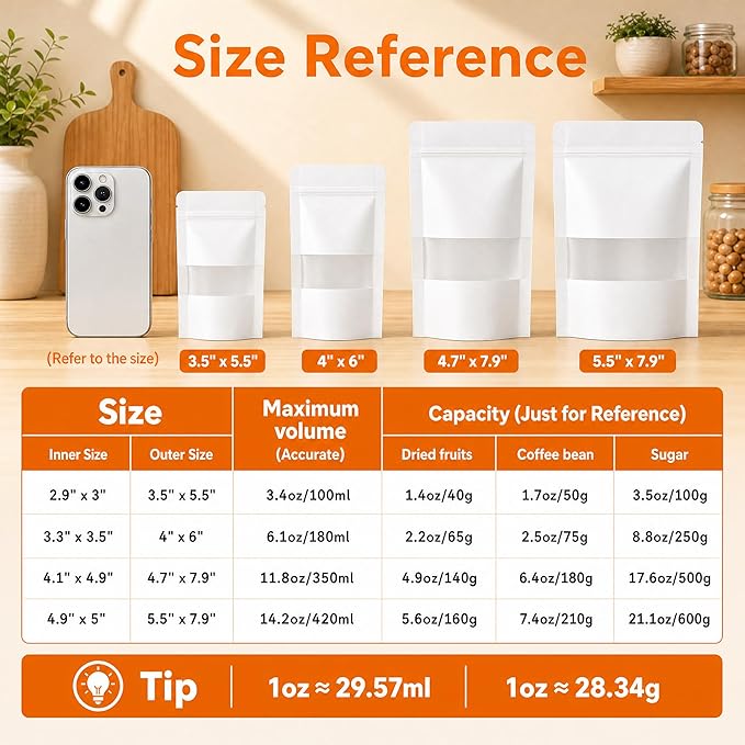 100 Pcs White Kraft Paper Bags with Window, 4.7" x 7.9" Stand Up Pouches Bags, Food Storage Bags for Packaging Products, Reusable, Sealable
