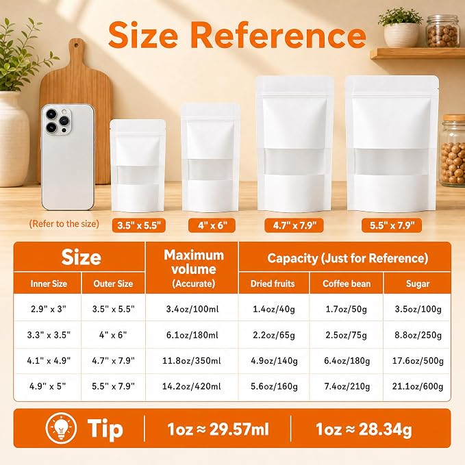 100 Pcs White Kraft Paper Bags with Window, 5.5" x 7.9" Stand Up Pouches Bags, Food Storage Bags for Packaging Products, Reusable, Sealable