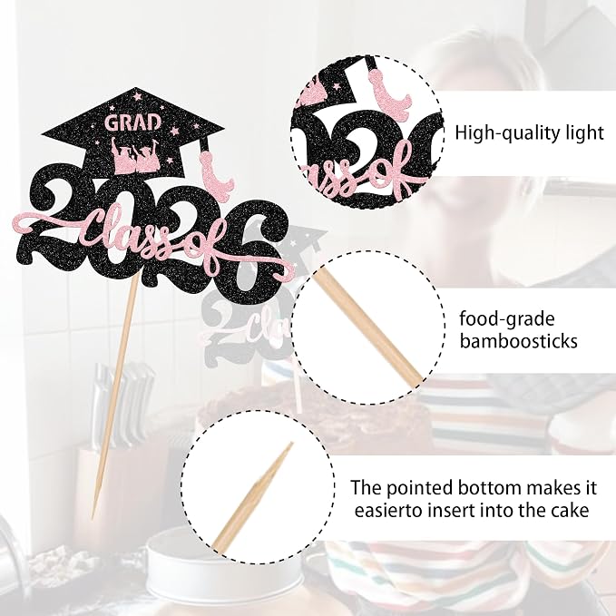 1 Pack Class of 2026 Cake Topper Glitter Congrats Grad Cap 2026 Graduation Cake Pick for 2026 Graduation Theme High School Graduate Party Cake Decorations Supplies Black Pink