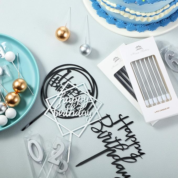 Yerliker 34 Pcs Happy Birthday Cake Toppers Decorations Birthday Candles DIY Cake Decor for Men Women Wedding Anniversary(Gold Silver White)